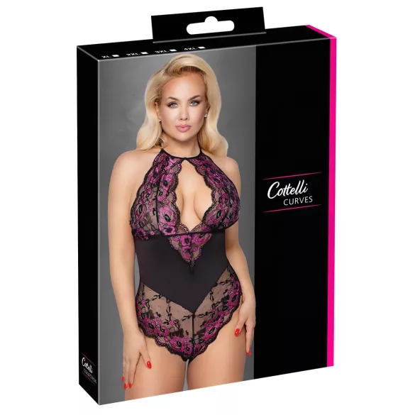 Cottelli Plus Size - body z rožastim vzorcem - črno-vijoličen - 3XL