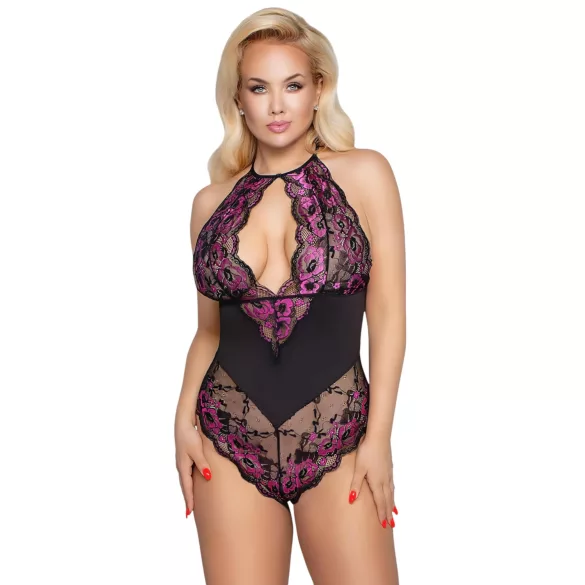 Cottelli Plus Size - body z rožastim vzorcem - črno-vijoličen - 3XL