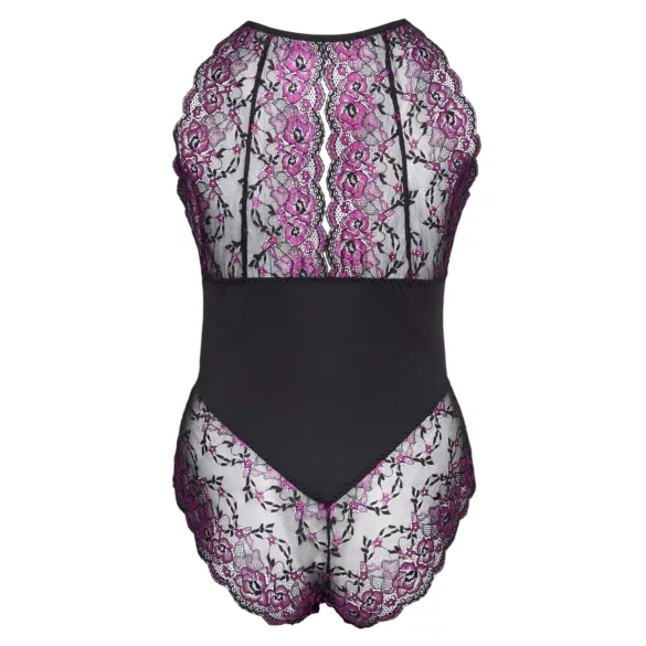 Cottelli Plus Size - body z rožastim vzorcem - črno-vijoličen - 3XL