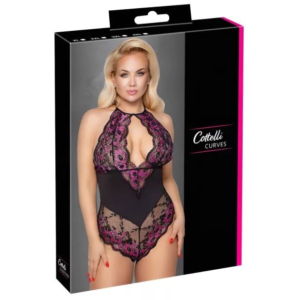Cottelli Plus Size - body z rožastim vzorcem - črno-vijoličen - 4XL