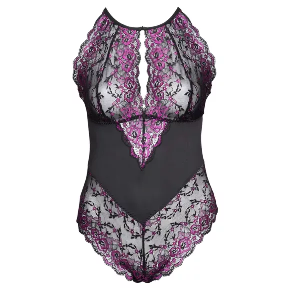 Cottelli Plus Size - body z rožastim vzorcem - črno-vijoličen - 4XL