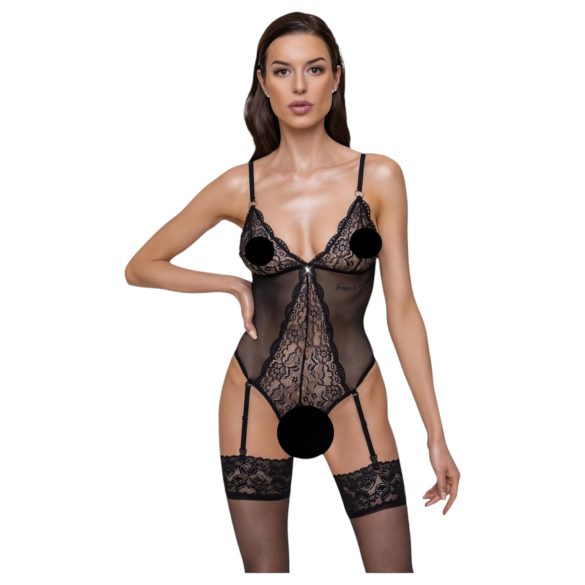 Cottelli - odprt čipkast body s pasom za nogavice (črna)