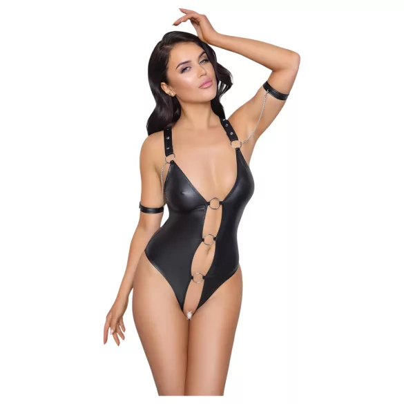 Cottelli Bondage - odprto svetleče body z obročem - črna - XL