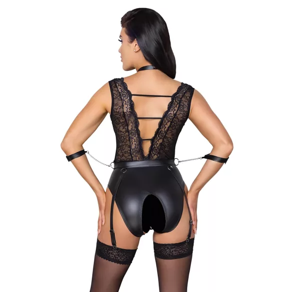 Cottelli Bondage - čipkast body z ovratnico - črna - M