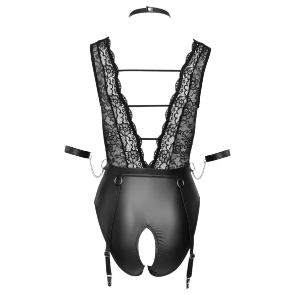 Cottelli Bondage - čipkast body z ovratnico - črna - M