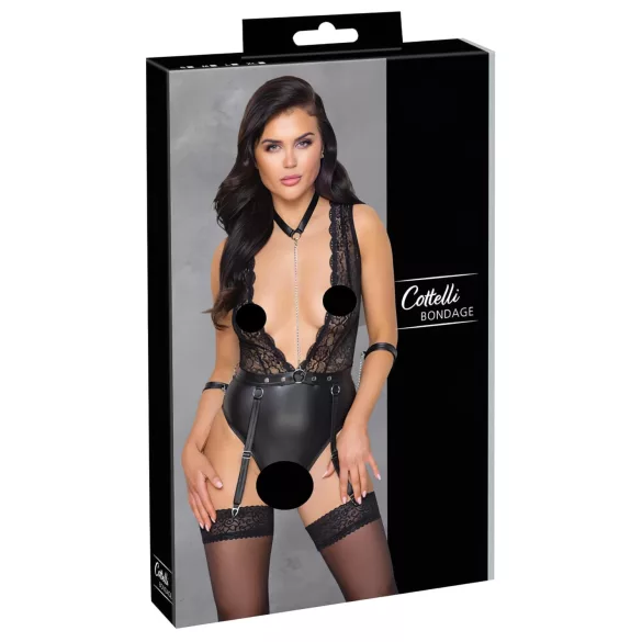 Cottelli Bondage - čipkast body z ovratnico - črna - L