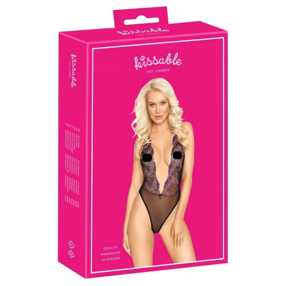 Poljubljiv - črna čipkasta body obleka z roza vezenino - L/XL