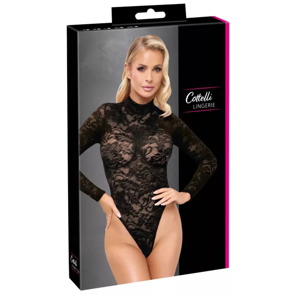 Cottelli - čipkast body z dolgimi rokavi (črn) - S