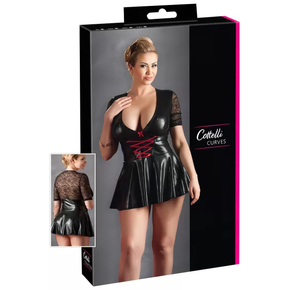 Cottelli Plus Size - obleka z rdečim korzetom - črna, sijoča - XXXXL