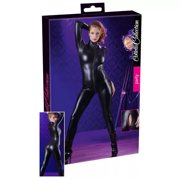 Cottelli - ženski catsuit z dolgimi rokavi - bleščeča črna