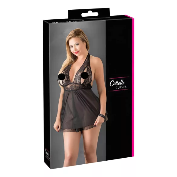 Cottelli Plus Size - babydoll za močnejše postave - čipkast, črn - 3XL