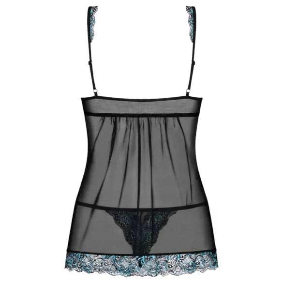 Obsessive Amanta - babydoll in tangice - črna-turkizna - vezeni detajli