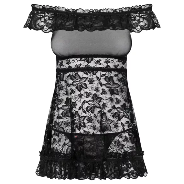 Obsessive - babydoll s tangicami - čipkast, nabran rob - črna - L/XL