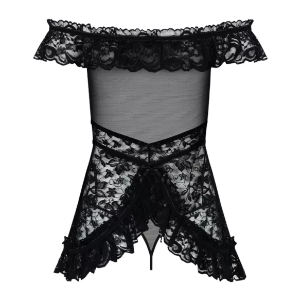 Obsessive - babydoll s tangicami - čipkast, nabran rob - črna - L/XL