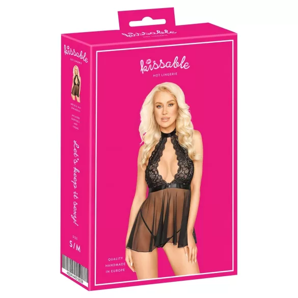 Kissable - babydoll čipkast z naramnico za vrat - črna - L/XL