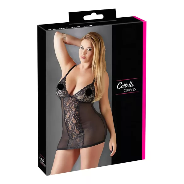 Cottelli Plus Size - prosojna seksi spalna srajca s čipko - črna - 3XL