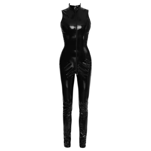 Black Level - ženski catsuit z zadrgo - sijajni črn