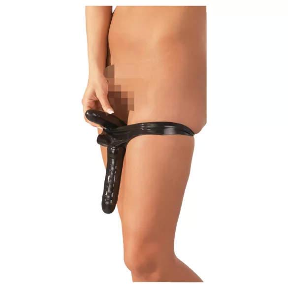 LATEX - hlačke z notranjim in zunanjim dildo - črne - S-L