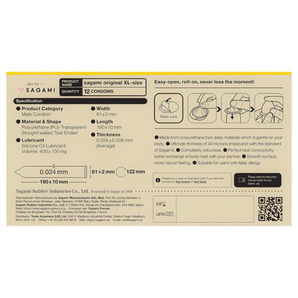 Sagami Original 0,02 XL - kondomi - 61 mm - 12 kos