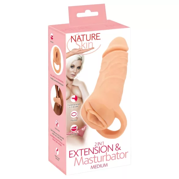 Nature Skin - podaljšek za penis in umetna vagina - 18 cm - naravna barva