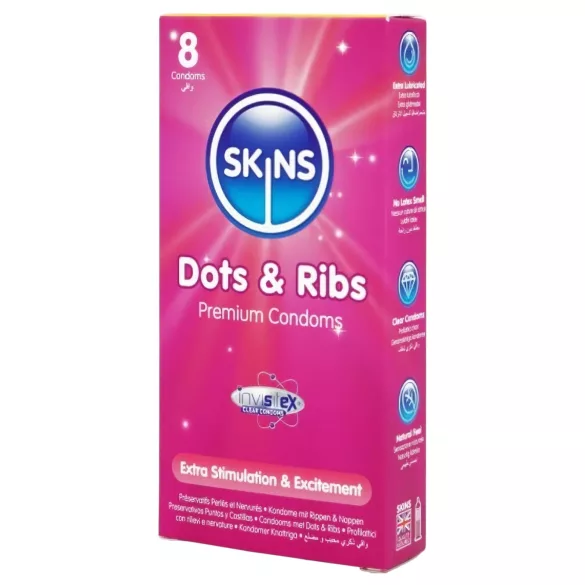 Skins - kondom rebrast in pikčast - 8 kos