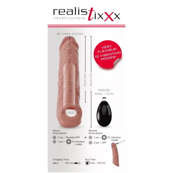 Realistixxx - vibrirajoči penis podaljšek z daljincem - naraven - 20 cm