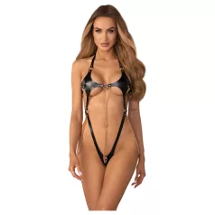   Obsessive Anyya - body z naramnicami z verižico in videzom usnja (črna)