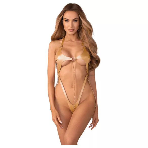Obsessive Anyya - verižni body z usnjenim videzom in naramnicami (zlata)