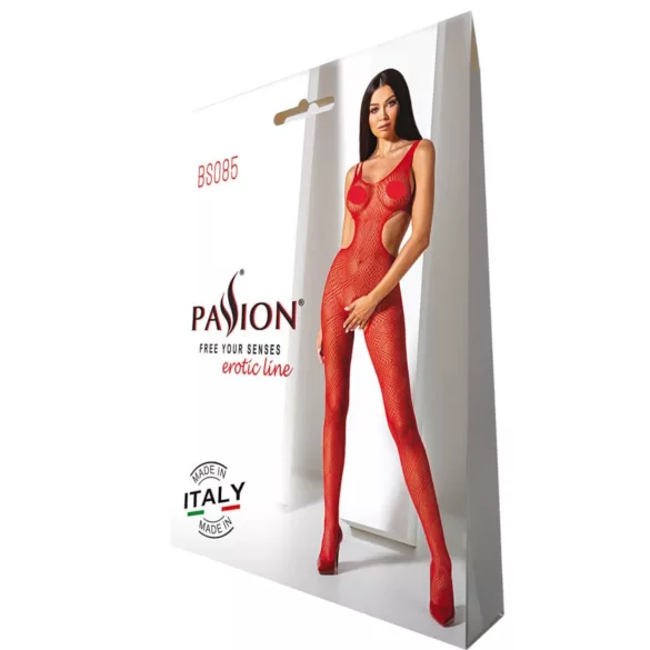 Passion - erotični mrežasti kombinezon z odprtinami - rdeč - S-L
