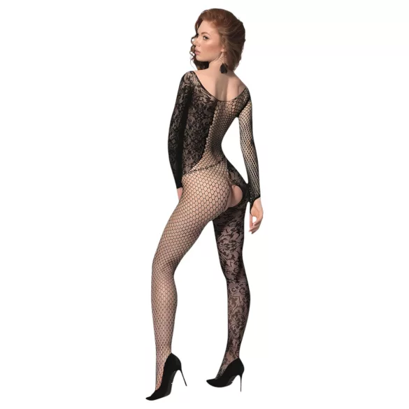 Passion BS107 - mrežasti catsuit z vzorcem cvetja - črna - S-L