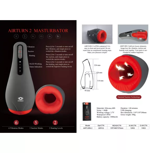 OTOUCH - moški masturbator z vakuumom - akumulatorski - črn
