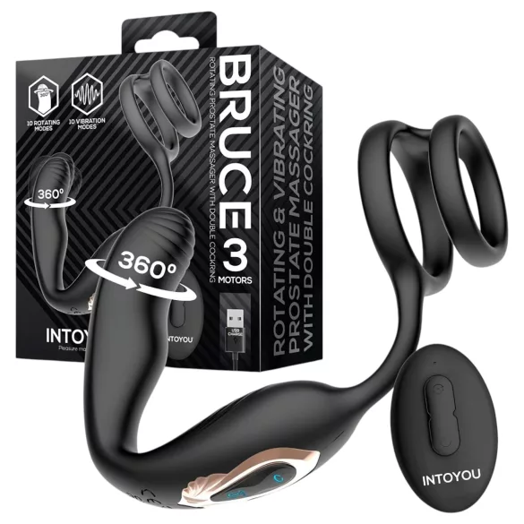 IntoYou Bruce - vrteči radijski vibracijski masažer prostate z dvojnim obročkom (črn)