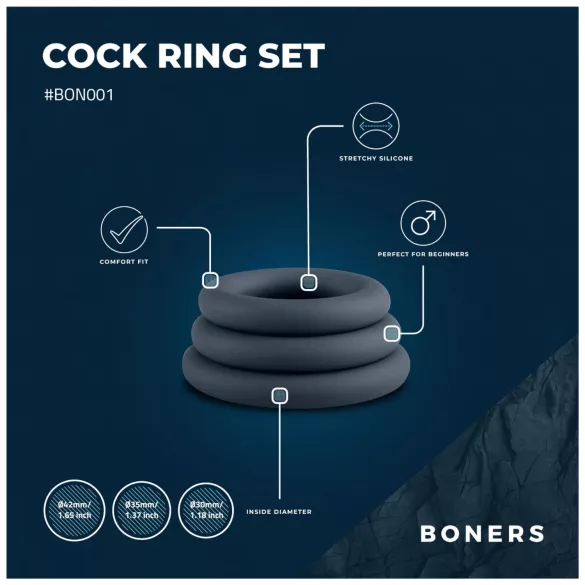 Boners - komplet erekcijskih obročkov - 3 kosi - siva
