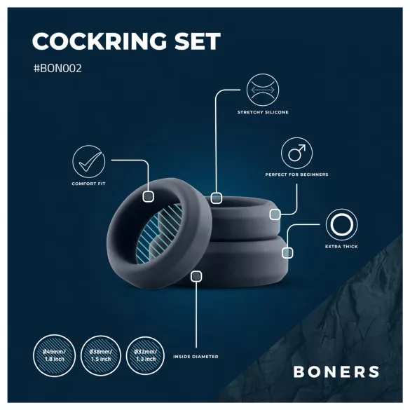 Boners - komplet silikonskih erekcijskih obročkov - 3 kosi - siva