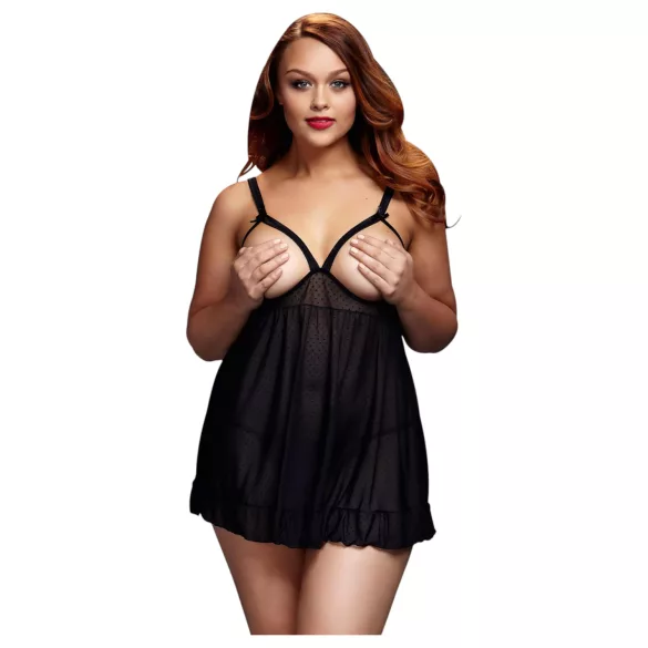 BACI Plus Size - odprt, pikčast, črn babydoll (XL-XXL)