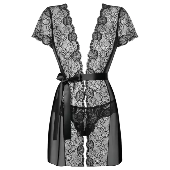 Obsessive - čipkast kimono in tanga - črna - L/XL