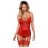 Obsessive Lovica - čipkasti podvezni top in tangice (rdeče) - L/XL