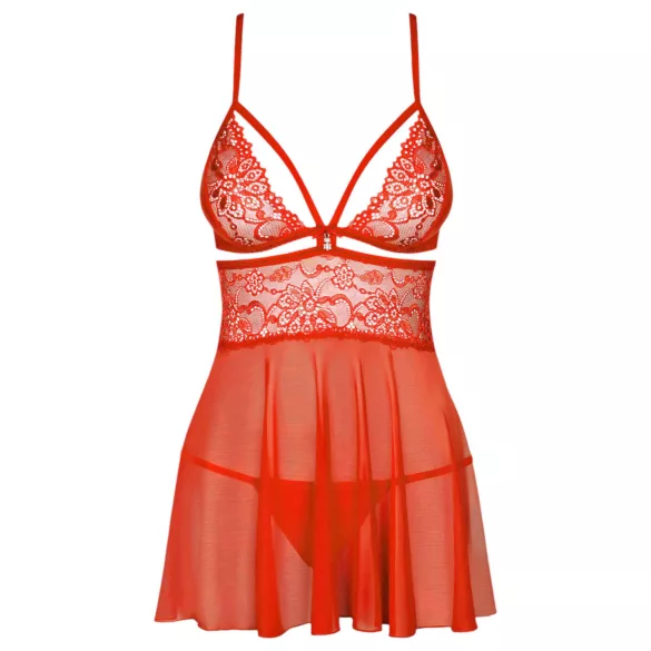 Obsessive - babydoll iz čipke z odprtim prsmi in tangice - rdeča