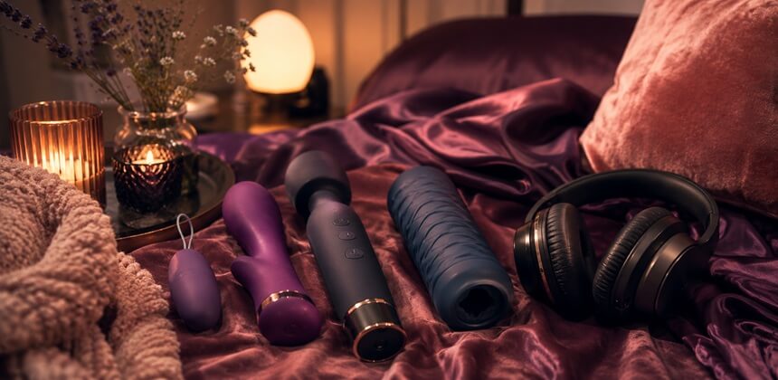 Tihi pripomočki in slušalke na vijoličasti sateni ustvarijo intimno ASMR seks vzdušje | Seks shop Slovenija Desirel.si